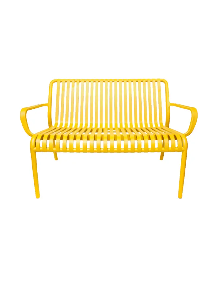 Sillón de 2 plazas de plástico con descansabrazos amarillo diseño tiras de 73x119x77cm - Image 3