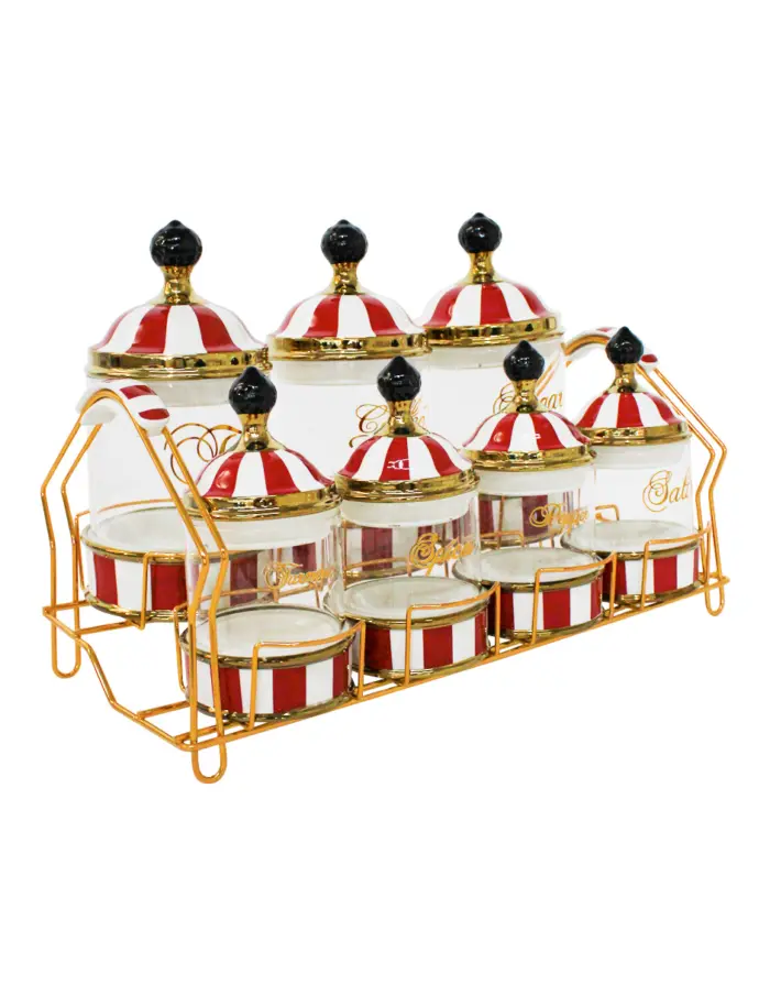 Juego de 7 especieros de porcelana con vidrio y tapa rojo con blanco y base de metal de 11x11x16cm - Image 2