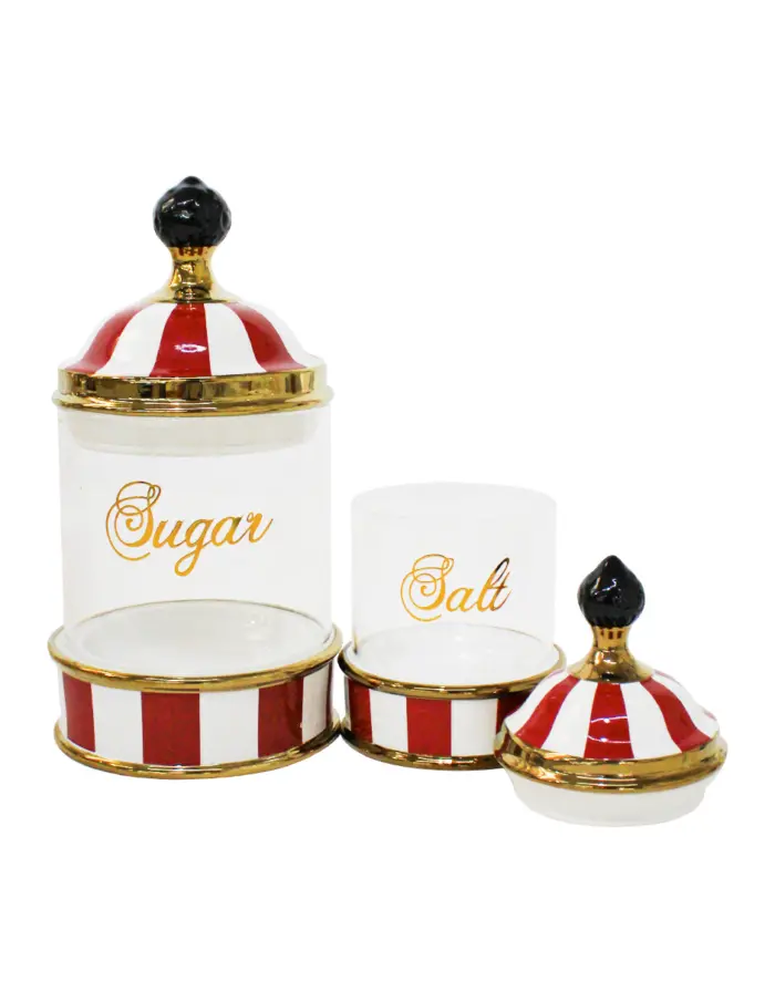Juego de 7 especieros de porcelana con vidrio y tapa rojo con blanco y base de metal de 11x11x16cm - Image 3