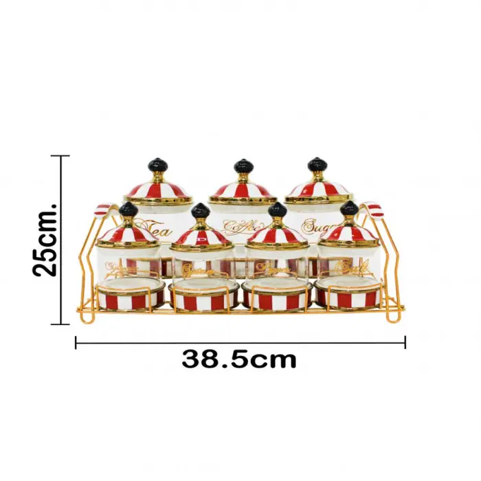 Juego de 7 especieros de porcelana con vidrio y tapa rojo con blanco y base de metal de 11x11x16cm - Image 4