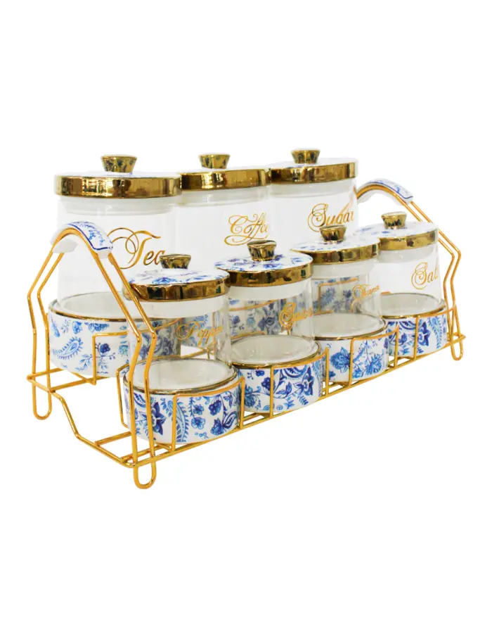 Juego de 7 especieros de porcelana con vidrio y tapa azul con blanco y base de metal de 11x11x17cm - Image 2