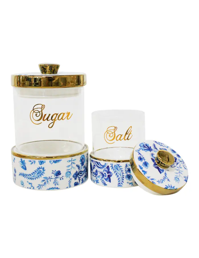 Juego de 7 especieros de porcelana con vidrio y tapa azul con blanco y base de metal de 11x11x17cm - Image 3