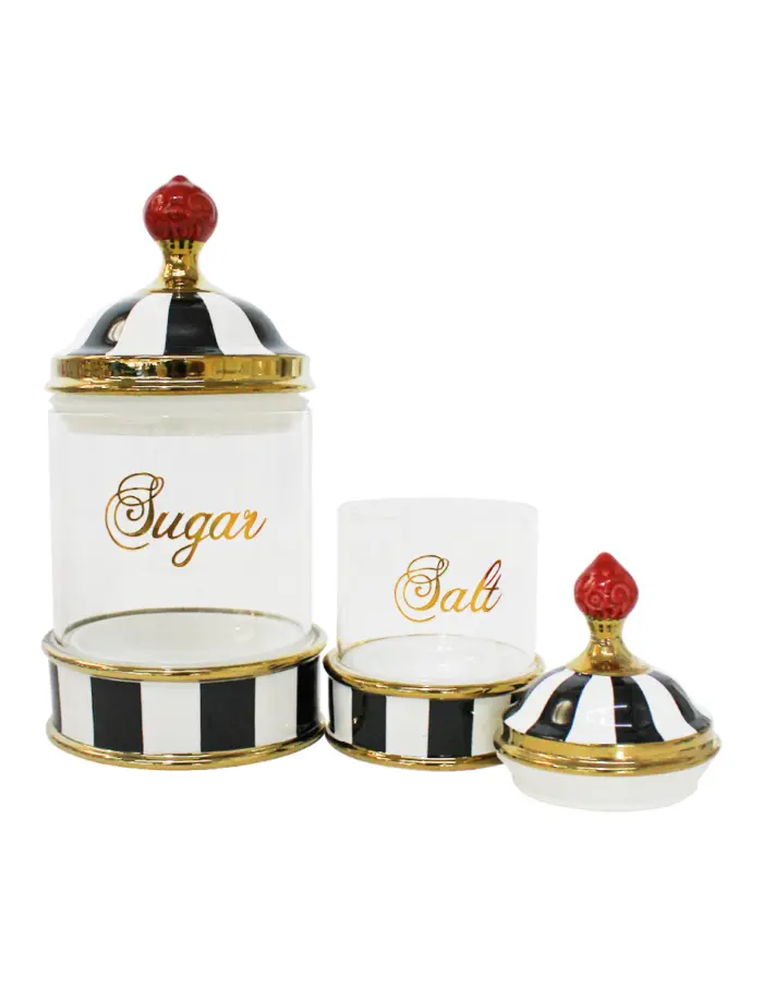 Juego de 7 especieros de porcelana con vidrio y tapa negro con blanco y base de metal de 11x11x16cm - Image 2