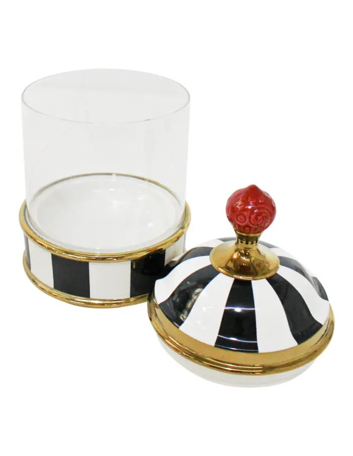 Especiero de porcelana con vidrio y tapa negro con blanco de 17x17x33cm - Image 2