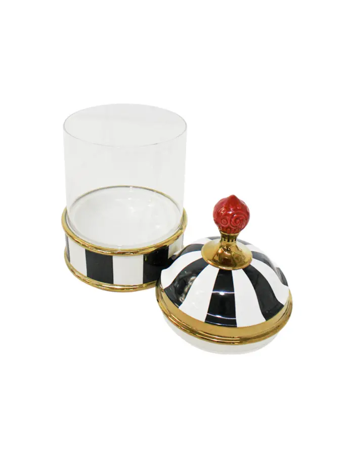 Especiero de porcelana con vidrio y tapa negro con blanco de 8x8x16cm - Image 2