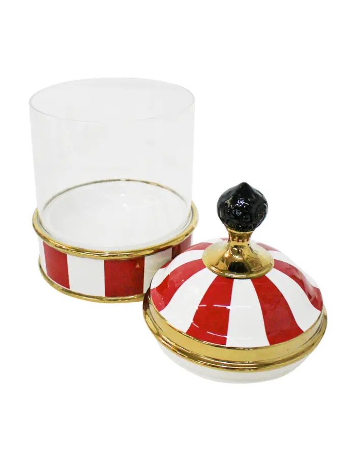 Especiero de porcelana con vidrio y tapa rojo con blanco de 14.5x14.5x27cm - Image 2
