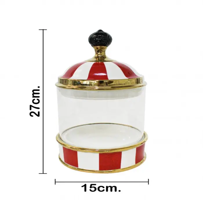 Especiero de porcelana con vidrio y tapa rojo con blanco de 14.5x14.5x27cm - Image 4