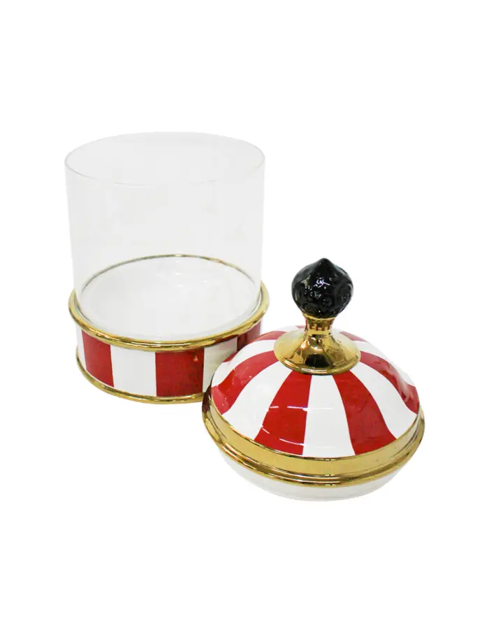 Especiero de porcelana con vidrio y tapa rojo con blanco de 10.5x10.5x21cm - Image 2