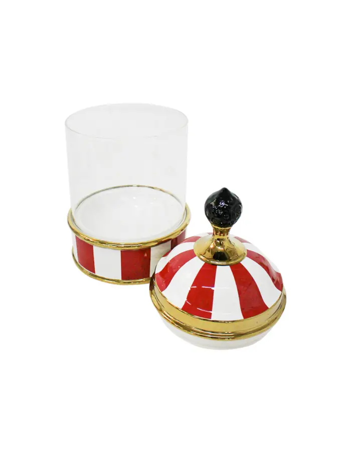 Especiero de porcelana con vidrio y tapa rojo con blanco de 8x8x16cm - Image 2
