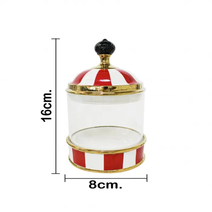 Especiero de porcelana con vidrio y tapa rojo con blanco de 8x8x16cm - Image 4