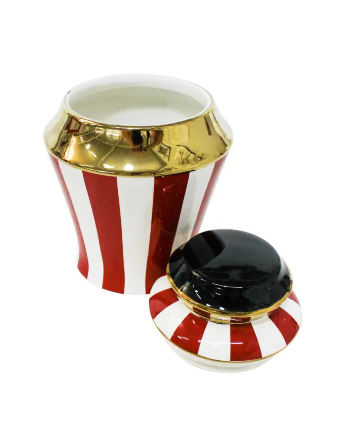 Especiero de porcelana rojo con blanco y dorado de 13x13x18cm - Image 2