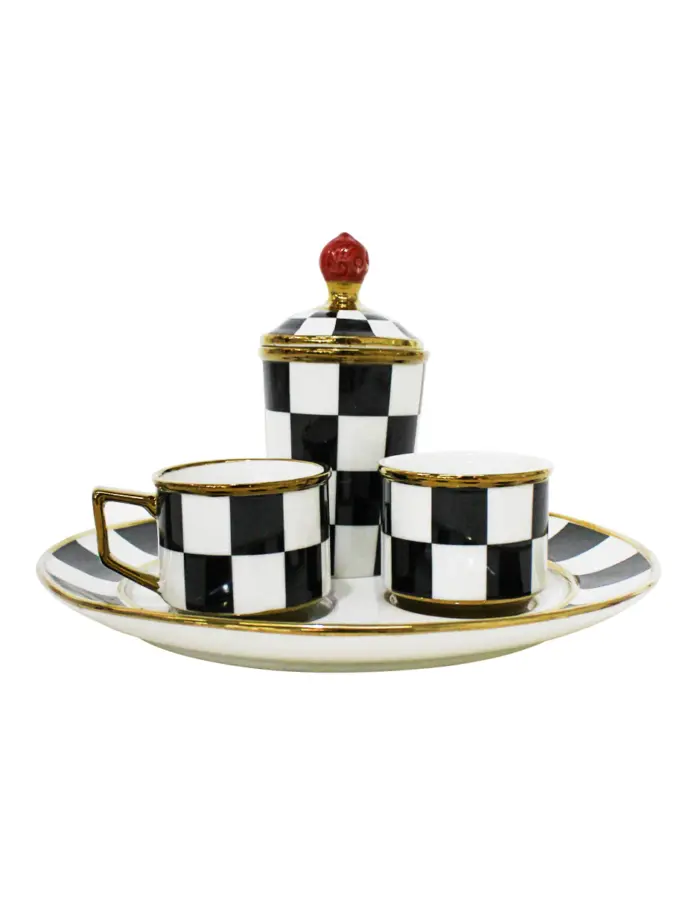 Juego de té de porcelana diseño rayas negras con blanco (incluye plato, taza, azucarera y vaso) de7x7x8.5/8x6.3x4.8/6.3x6.3x10/23x23x2cm - Image 2