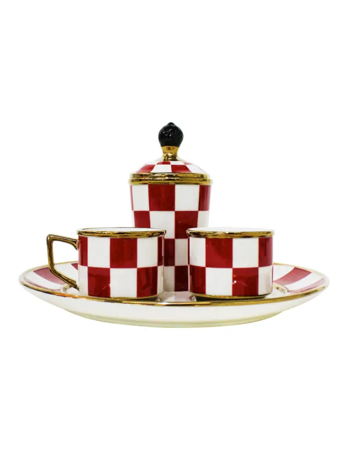 Juego de porcelana (plato/taza de café/tarro de azúcar y taza de agua) rojo con blanco de 7x7x8.5cm - Image 2