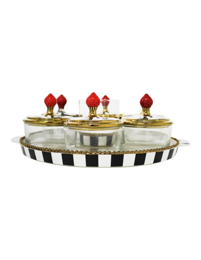Juego de 6 frascos de porcelana y vidrio con tapa y charola negro con blanco de 9x9x10cm - Image 2