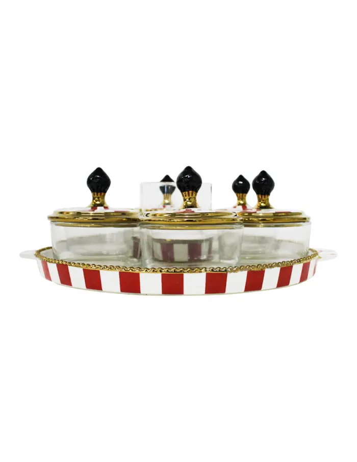 Juego de 6 frascos de porcelana y vidrio con tapa y charola rojo con blanco de 9x9x10 cm - Image 2