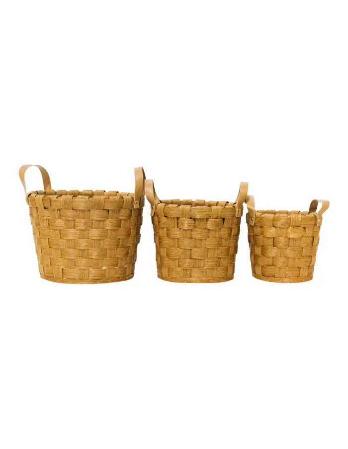 Juego de 3 cestas de madera redonda de cuero sintético con asa de color natural de 27x27x21cm - Image 2