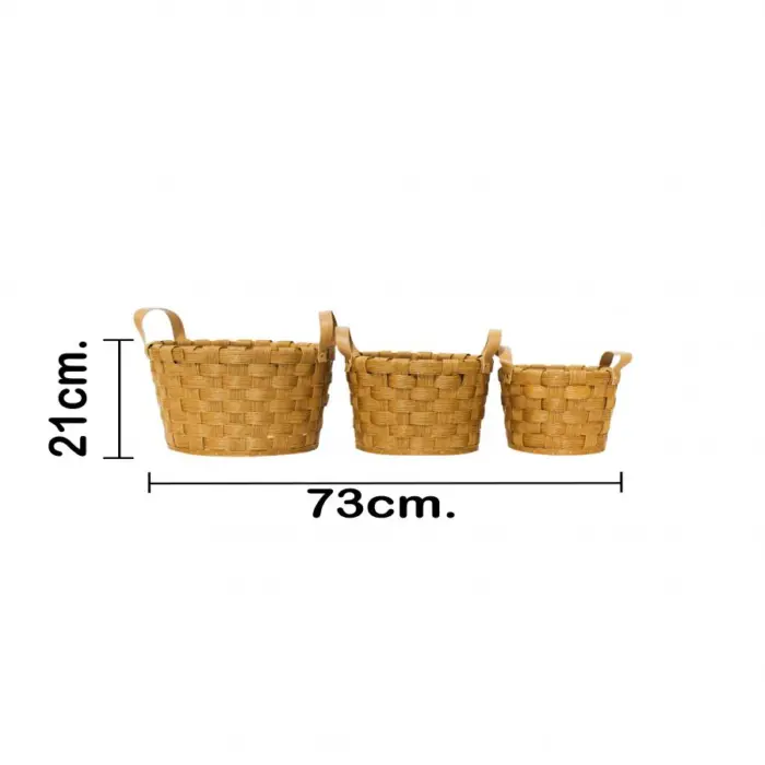 Juego de 3 cestas de madera redonda de cuero sintético con asa de color natural de 27x27x21cm - Image 4