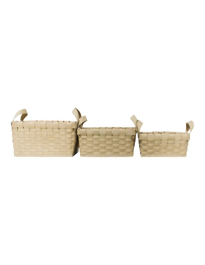 Juego de 3 cestas de madera rectangular de cuero sintético con asa de color natural de 25x35x17cm - Image 2