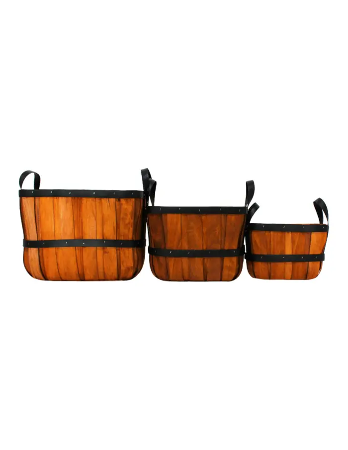 Juego de 3 cestas de madera rectangular de cuero sintético con asa de color marrón de 26x33x24cm - Image 2