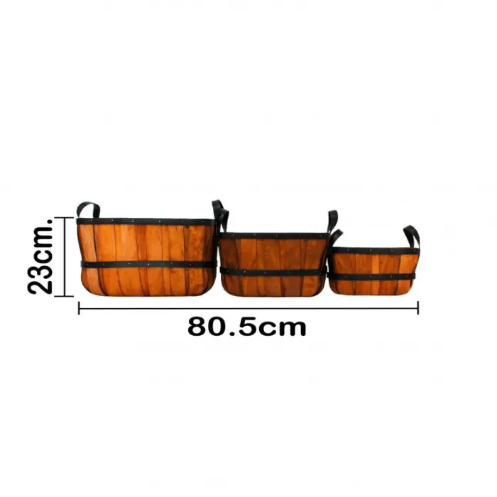Juego de 3 cestas de madera rectangular de cuero sintético con asa de color marrón de 26x33x24cm - Image 4