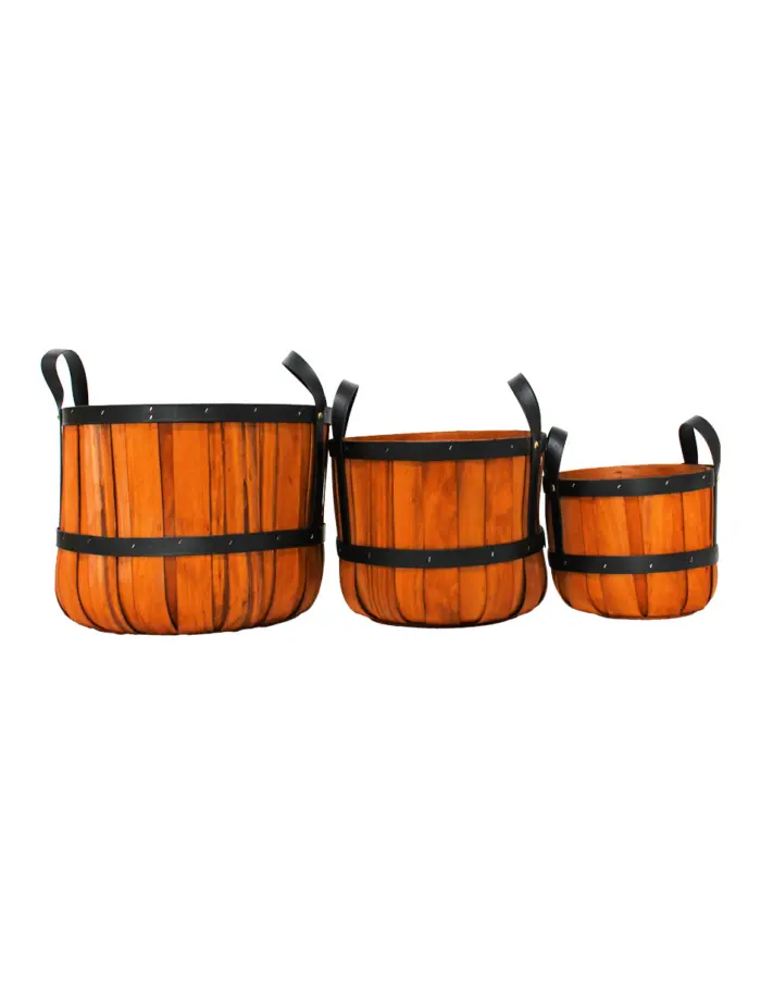 Juego de 3 cestas de madera redonda de cuero sintético con asa de color marrón de 28x28x24cm - Image 2