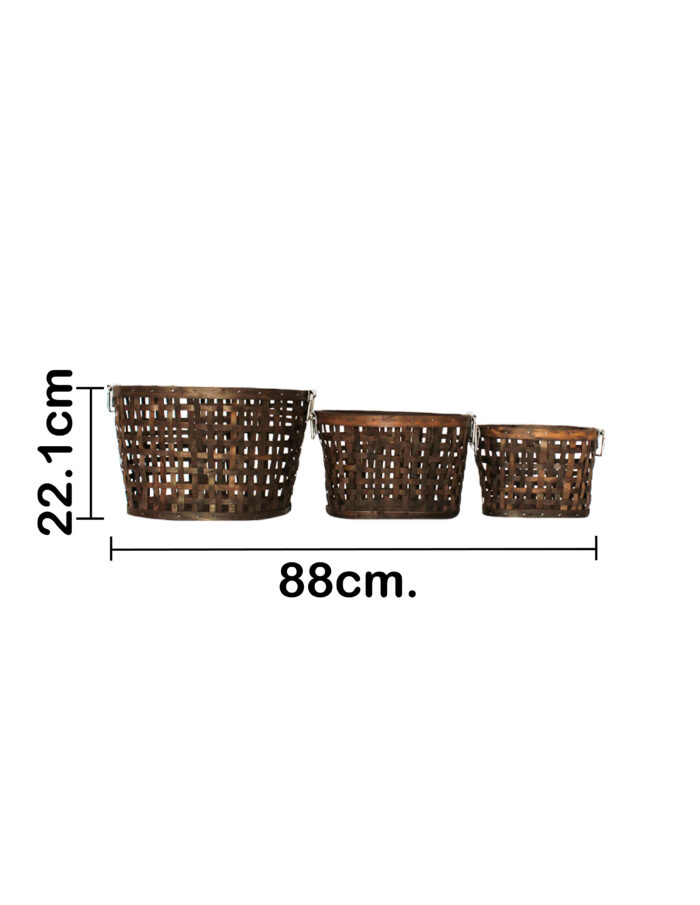 Juego de 3 cestas de madera cafe ovalada con asa de hierro de 25x34x22cm - Image 4