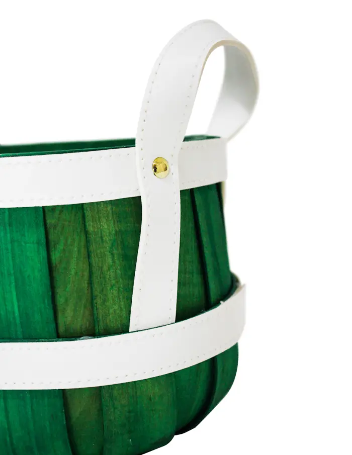 Cesta de madera ovalada de color verde con blanco de cuero sintético con asa de  de 17x31x15cm - Image 3
