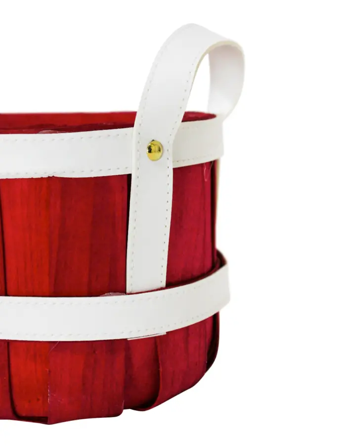 Cesta de madera ovalada de color rojo con blanco de cuero sintético con asa de  de 17x31x15cm - Image 3