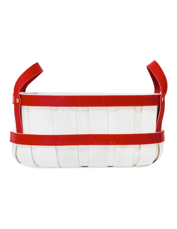 Cesta de madera ovalada de color rojo con blanco de cuero sintético con asa de  de 17x31x15cm - Image 2