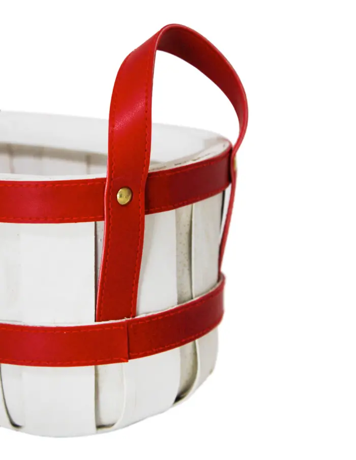 Cesta de madera ovalada de color rojo con blanco de cuero sintético con asa de  de 17x31x15cm - Image 3