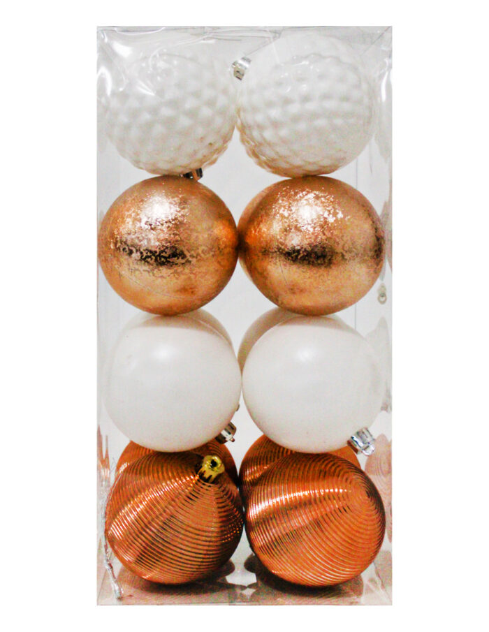 Set con esferas blancas, ámbar y cobre de 8cm (Incluye 16 pzs)