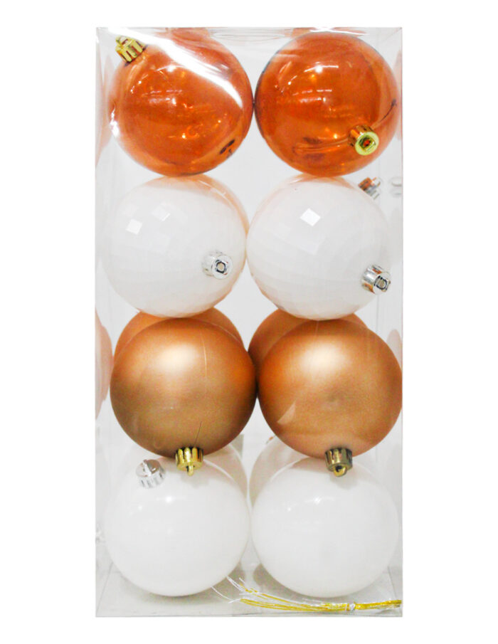 Set con esferas blancas, ámbar y cobre de 8cm (Incluye 16 pzs)
