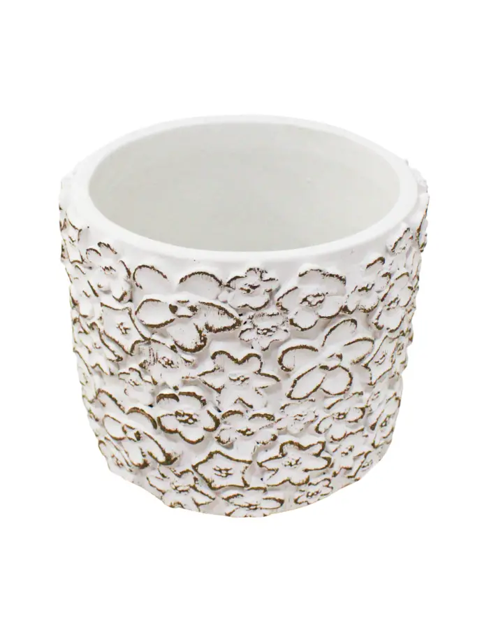 Maceta de cemento blanca con diseño flores de 23x23x21 cm - Image 2