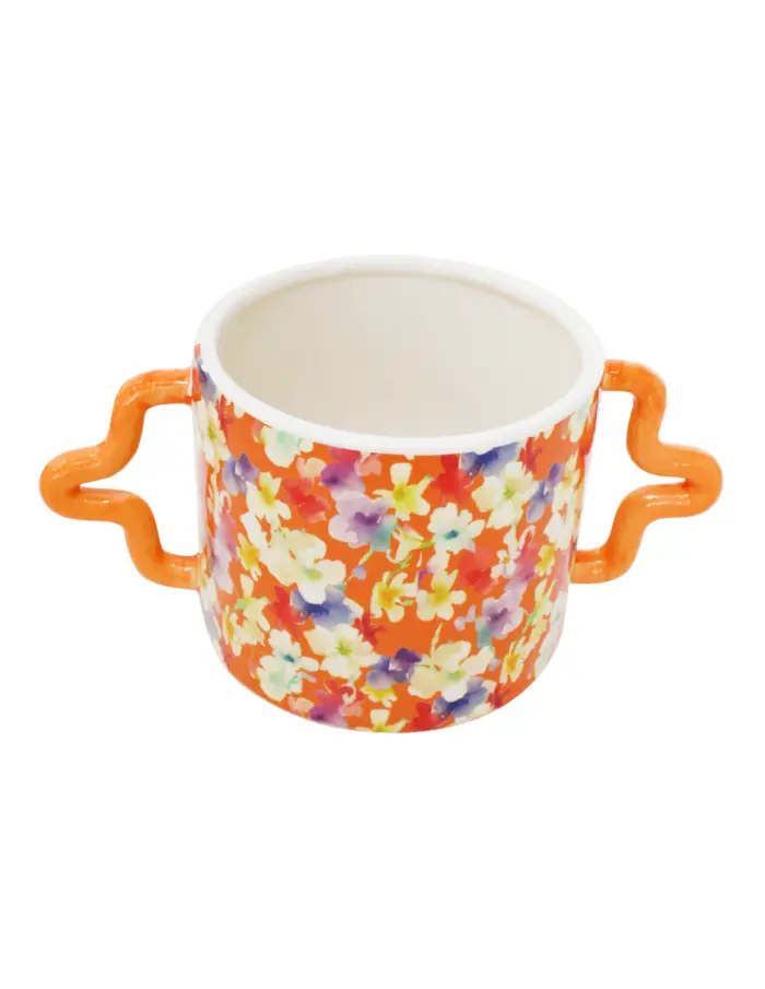 Florero de ceramica estampado flores con agarraderas naranja de 23x12.8x11.1cm - Image 2