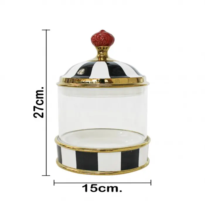 Especiero de vidrio con porcelana diseño rayas negras con blanco y agarradera roja de14.5x14.5x27 - Image 3