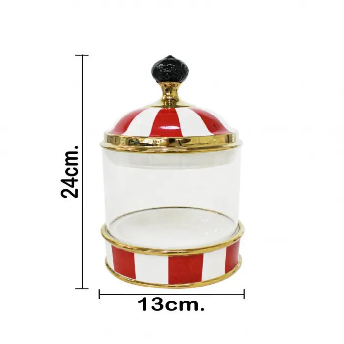 Especiero de vidrio con porcelana diseño rayas rojas con blanco y agarradera negra de13x13x24cm - Image 4