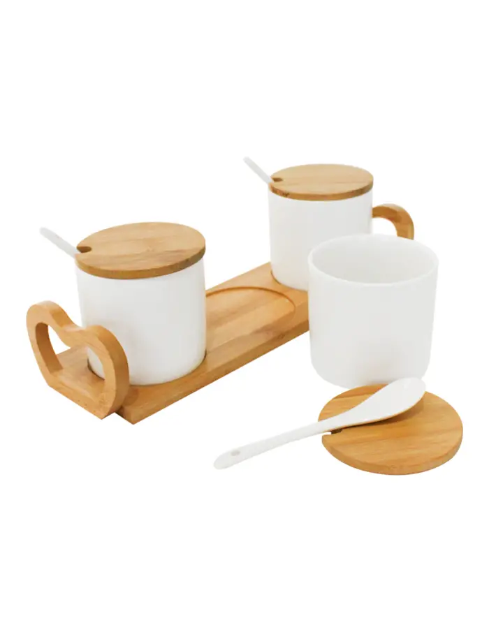 Juego de 3 especieros con cuchara de porcelana con base y tapa de madera de 32x10x9.5cm - Image 2
