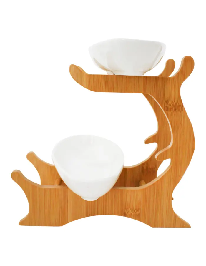 Juego de 2 platones oval de porcelana con base de madera de 26x10x19.5cm - Image 2