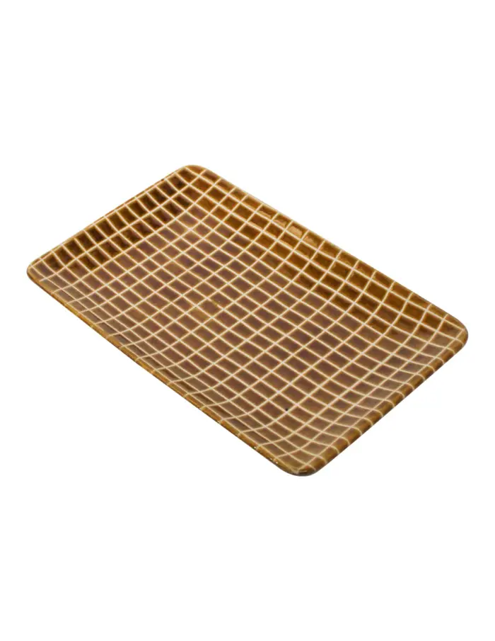 Plato de porcelana rectangular café con líneas amarillas de 21x12.7x2 cm - Image 2