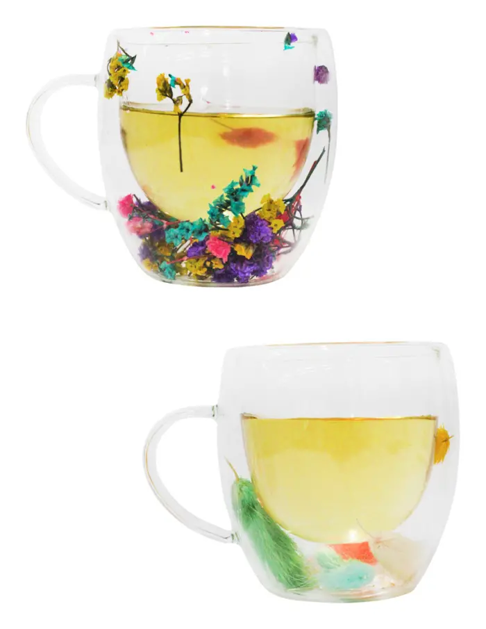 Set de 2 tazas de doble fondo diseño flores y plumas de 250 ml - Image 2
