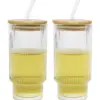 Set de 2 vasos de vidrio con pajita y tapa de bambú de 450 ml - Image 2