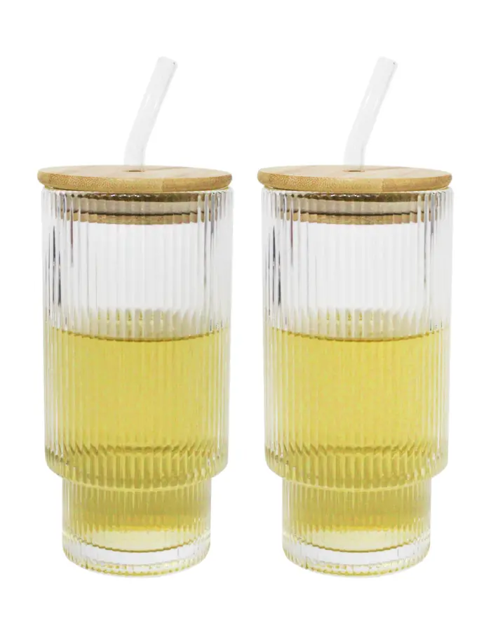 Set de 2 vasos de vidrio con pajita y tapa de bambú de 450 ml - Image 2