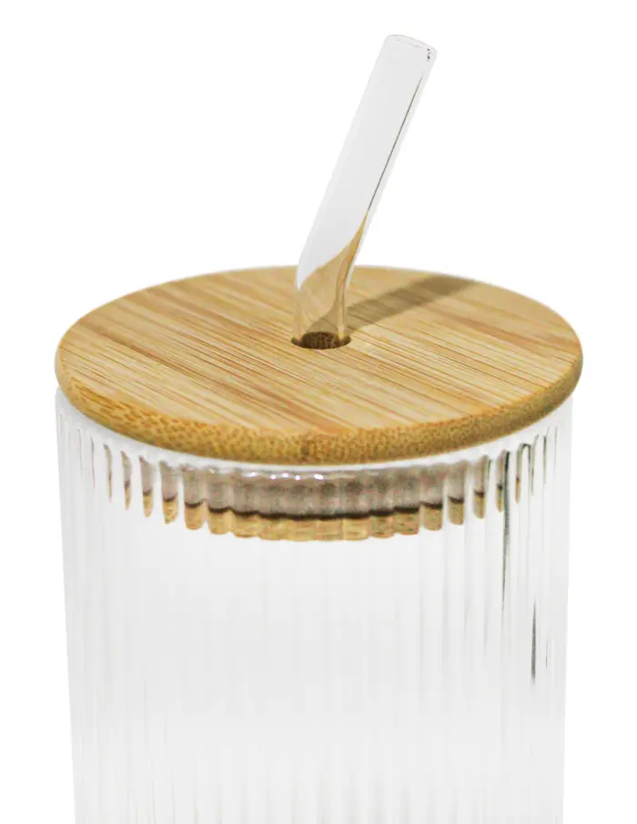 Set de 2 vasos de vidrio con pajita y tapa de bambú de 450 ml - Image 3