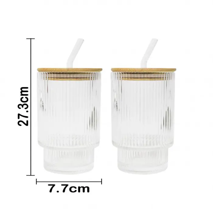Set de 2 vasos de vidrio con pajita y tapa de bambú de 450 ml - Image 4