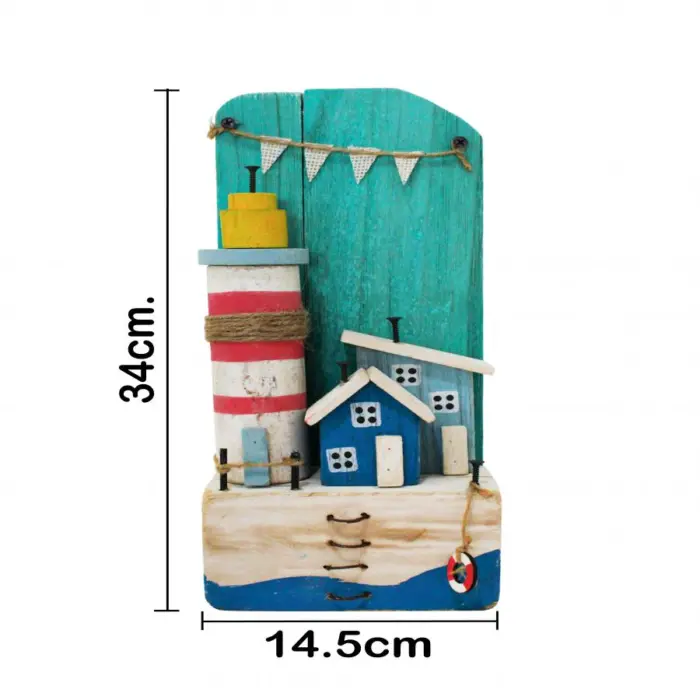 Faro de playa de madera con casita azul de 15x8.5x34cm - Image 4