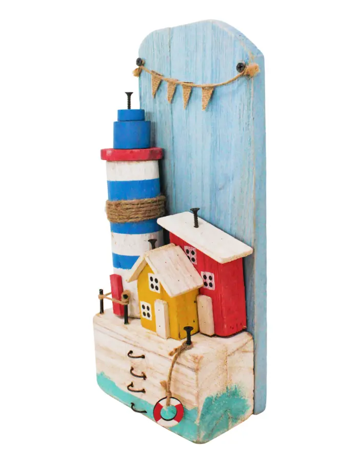 Faro de playa de madera con casita amarilla y roja de 15x8.5x34cm - Image 2