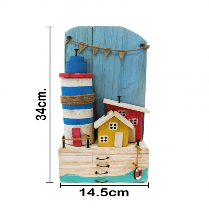 Faro de playa de madera con casita amarilla y roja de 15x8.5x34cm - Image 4