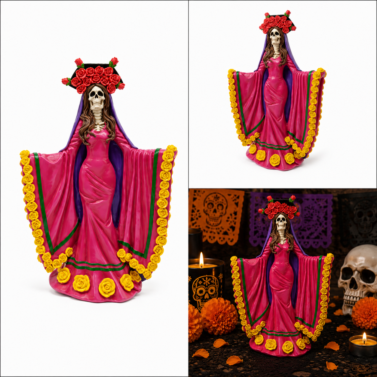 Catrina con Vestido Rosa y Flores Amarillas