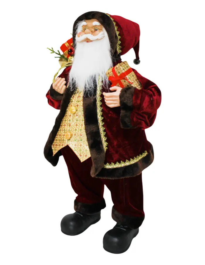 Santa con traje vino, verde y dorado con costal y caja de regalo de 35x28x80cm - Image 2