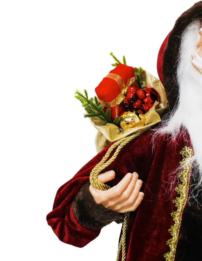 Santa con traje vino, verde y dorado con costal y caja de regalo de 35x28x80cm - Image 3